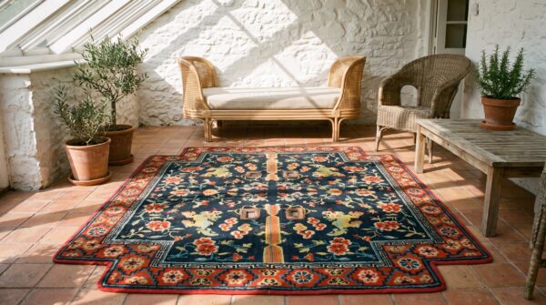Antique blue chinese foo dog lion design horse saddle cover wool rug (sku 22490) - room view