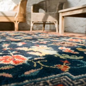 Antique Blue Chinese Foo Dog Lion Design Horse Saddle Cover Wool Rug (SKU 22490) - in-room detail