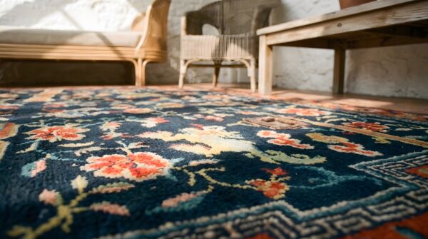 Antique blue chinese foo dog lion design horse saddle cover wool rug (sku 22490) - in-room detail