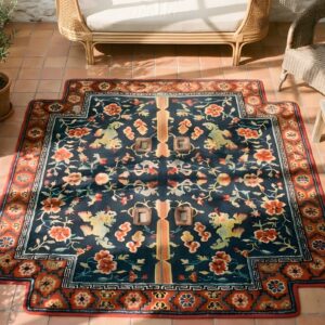 Antique Blue Chinese Foo Dog Lion Design Horse Saddle Cover Wool Rug (SKU 22490) - styled overhead view