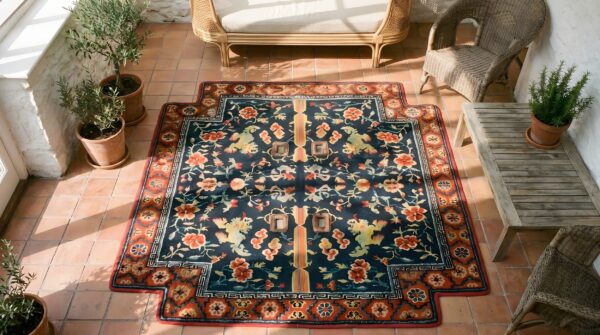 Antique blue chinese foo dog lion design horse saddle cover wool rug (sku 22490) - styled overhead view