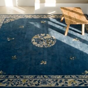 Wool Blue Knotted Chinese - Peking Antique Rectangle 1900s Room Size Rug (SKU 25661) - styled overhead view