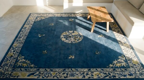 Wool blue knotted chinese - peking antique rectangle 1900s room size rug 2 Wool blue knotted chinese - peking antique rectangle 1900s room size rug (sku 25661) - styled overhead view