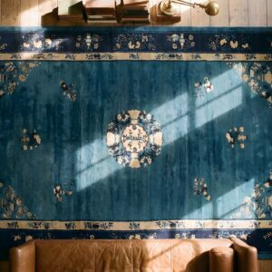 Blue Antique Knotted Chinese - Peking Wool Rectangle Room Size 1900s Rug (SKU 22960) - styled overhead view