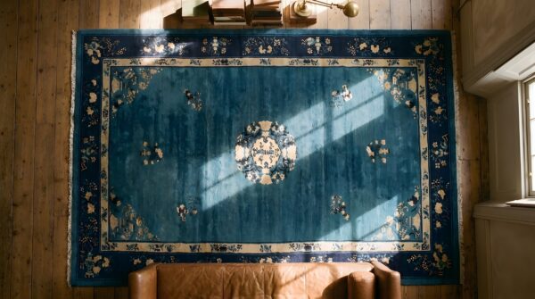 Blue antique knotted chinese - peking wool rectangle room size 1900s rug (sku 22960) - styled overhead view