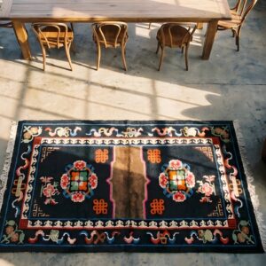 Blue Antique Chinese Wool Hand Knotted Pile Saddle Horse Cover (SKU 22034) - styled overhead view