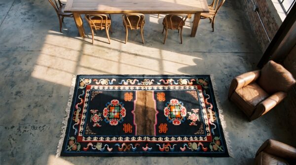 Blue antique chinese wool hand knotted pile saddle horse cover (sku 22034) - styled overhead view