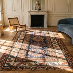 Hand Knotted Wool Pile Antique Blue Color Allover Tribal Geometric Caucasian Rug (SKU 19577) - room view