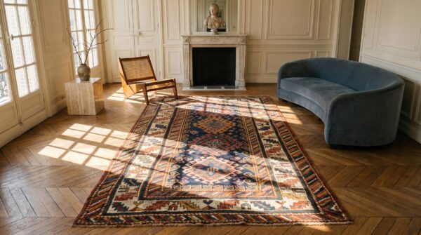 Hand knotted wool pile antique blue color allover tribal geometric caucasian rug 5 Hand knotted wool pile antique blue color allover tribal geometric caucasian rug (sku 19577) - room view