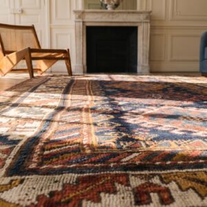 Hand Knotted Wool Pile Antique Blue Color Allover Tribal Geometric Caucasian Rug (SKU 19577) - in-room detail