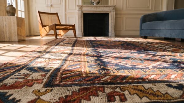 Hand knotted wool pile antique blue color allover tribal geometric caucasian rug 6 Hand knotted wool pile antique blue color allover tribal geometric caucasian rug (sku 19577) - in-room detail