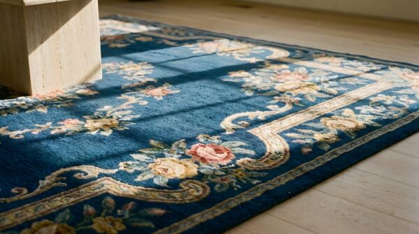 Antique blue color floral design chinese art deco wool pile rug 7 Antique blue color floral design chinese art deco wool pile rug (sku 24935) - in-room detail