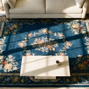 Antique Blue Color Floral Design Chinese Art Deco Wool Pile Rug (SKU 24935) - styled overhead view