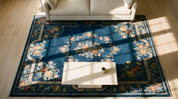 Antique blue color floral design chinese art deco wool pile rug 2 Antique blue color floral design chinese art deco wool pile rug (sku 24935) - styled overhead view