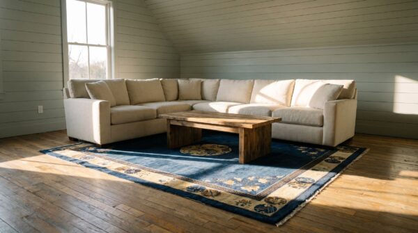 Hand knotted wool pile antique blue color floral medallion peking rug (sku 25475) - room view