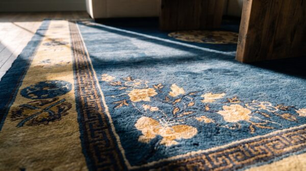 Hand knotted wool pile antique blue color floral medallion peking rug (sku 25475) - in-room detail