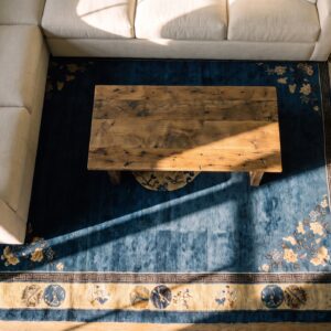 Hand Knotted Wool Pile Antique Blue Color Floral Medallion Peking Rug (SKU 25475) - styled overhead view