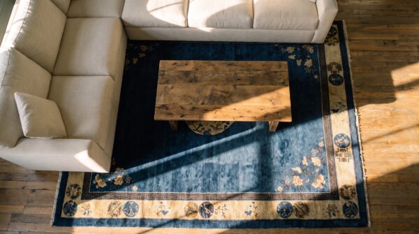 Hand knotted wool pile antique blue color floral medallion peking rug (sku 25475) - styled overhead view