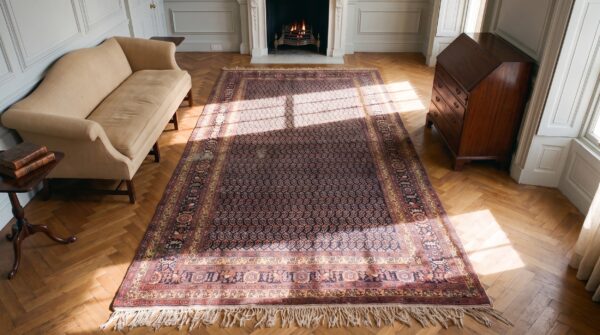 Blue color paisley pattern antique nw persian long and narrow gallery size rug (sku 25304) - styled overhead view