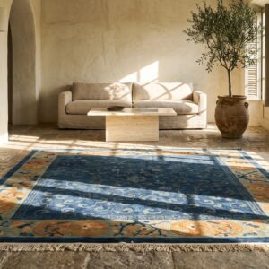 Blue Color Silk Pile Antique Minimalist Chinese Area Rug (SKU 22974) - room view