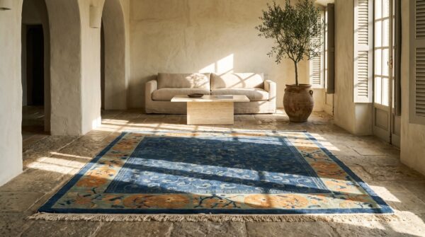 Blue color silk pile antique minimalist chinese area rug 8 Blue color silk pile antique minimalist chinese area rug (sku 22974) - room view