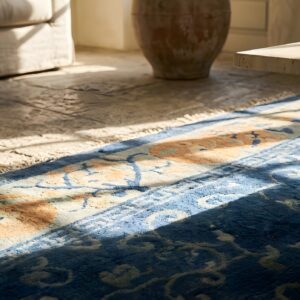 Blue Color Silk Pile Antique Minimalist Chinese Area Rug (SKU 22974) - in-room detail