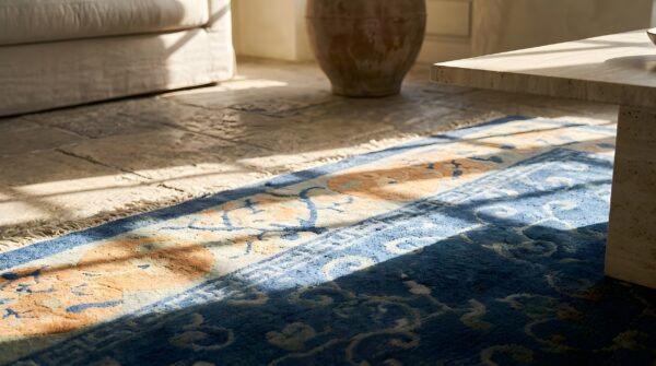 Blue color silk pile antique minimalist chinese area rug 9 Blue color silk pile antique minimalist chinese area rug (sku 22974) - in-room detail