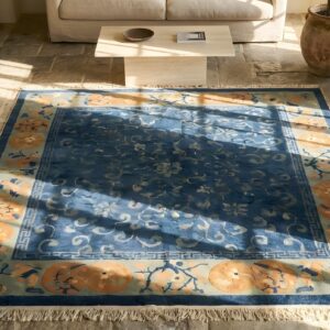 Blue Color Silk Pile Antique Minimalist Chinese Area Rug (SKU 22974) - styled overhead view