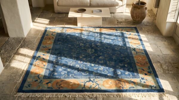 Blue color silk pile antique minimalist chinese area rug 2 Blue color silk pile antique minimalist chinese area rug (sku 22974) - styled overhead view