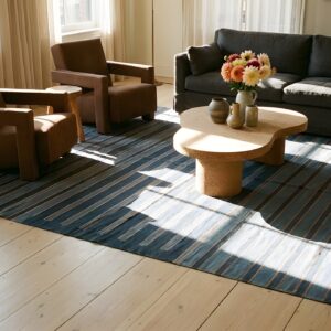 Blue Color Striped Pattern Antique Flat Weave Cotton Indian Dhurrie Rug (SKU 24987) - room view