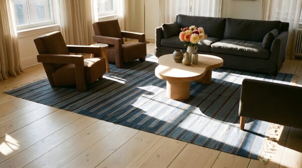 Blue color striped pattern antique flat weave cotton indian dhurrie rug 10 Blue color striped pattern antique flat weave cotton indian dhurrie rug (sku 24987) - room view