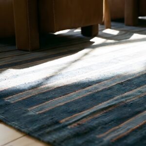 Blue Color Striped Pattern Antique Flat Weave Cotton Indian Dhurrie Rug (SKU 24987) - in-room detail