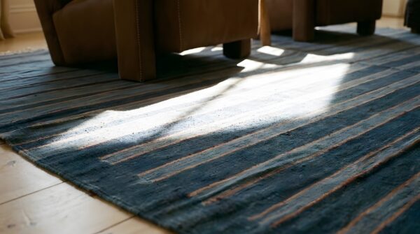 Blue color striped pattern antique flat weave cotton indian dhurrie rug 11 Blue color striped pattern antique flat weave cotton indian dhurrie rug (sku 24987) - in-room detail