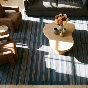 Blue Color Striped Pattern Antique Flat Weave Cotton Indian Dhurrie Rug (SKU 24987) - styled overhead view