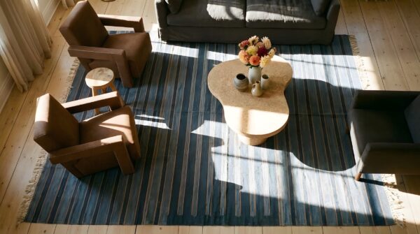 Blue color striped pattern antique flat weave cotton indian dhurrie rug 2 Blue color striped pattern antique flat weave cotton indian dhurrie rug (sku 24987) - styled overhead view