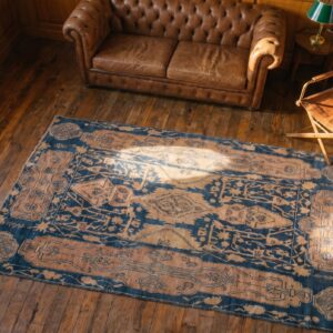 Blue , Coral Antique Agra Cotton Small Scatter Size Rug (SKU 20130) - styled overhead view