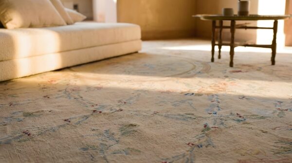 Blue , coral antique aubusson french blue coral 1880s rug 9 Blue , coral antique aubusson french blue coral 1880s rug (sku 23574) - in-room detail