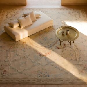 Blue , Coral Antique Aubusson French Blue Coral 1880s Rug (SKU 23574) - styled overhead view
