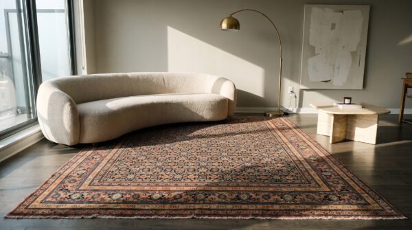 Blue , coral antique senneh allover floral blue and coral hand knotted pile rug (sku 20168) - room view