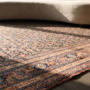 Blue , Coral Antique Senneh Allover Floral Blue and Coral Hand Knotted Pile Rug (SKU 20168) - in-room detail