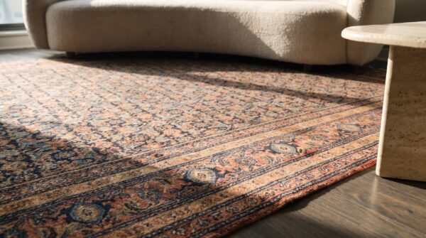 Blue , coral antique senneh allover floral blue and coral hand knotted pile rug (sku 20168) - in-room detail