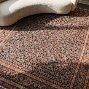 Blue , Coral Antique Senneh Allover Floral Blue and Coral Hand Knotted Pile Rug (SKU 20168) - styled overhead view