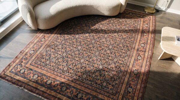 Blue , coral antique senneh allover floral blue and coral hand knotted pile rug (sku 20168) - styled overhead view