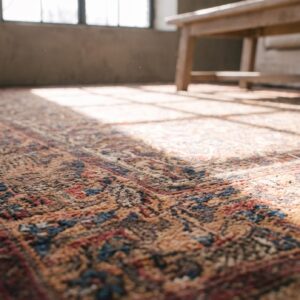 Blue , Coral Small Size Tribal Hand Knotted Antique Persian Afshar Blue and Coral Wool Pile Rug (SKU 20140) - in-room detail
