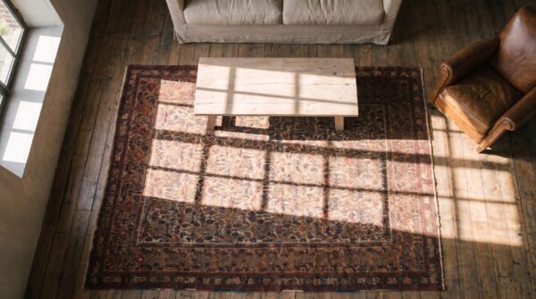 Blue , coral small size tribal hand knotted antique persian afshar blue and coral wool pile rug 2 Blue , coral small size tribal hand knotted antique persian afshar blue and coral wool pile rug (sku 20140) - styled overhead view