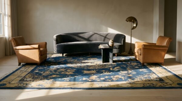 Blue and cream color antique floral medallion room size chinese peking rug 9 Blue and cream color antique floral medallion room size chinese peking rug (sku 24852) - room view