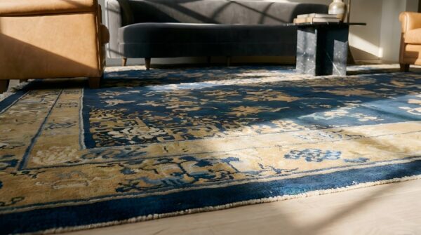 Blue and cream color antique floral medallion room size chinese peking rug 10 Blue and cream color antique floral medallion room size chinese peking rug (sku 24852) - in-room detail