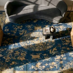 Blue And Cream Color Antique Floral Medallion Room Size Chinese Peking Rug (SKU 24852) - styled overhead view