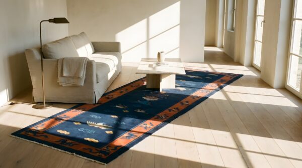 Antique blue early 20th century chinese cranes cloud bands temple design peking hallway runner rug 7 Antique blue early 20th century chinese cranes cloud bands temple design peking hallway runner rug (sku 23479) - room view