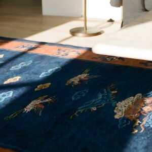 Antique Blue Early 20th Century Chinese Cranes Cloud Bands Temple Design Peking Hallway Runner Rug (SKU 23479) - in-room detail